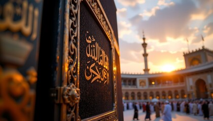 an evening at a mosque, focusing on its entrance. a sign with arabic script is prominently displayed on the wall above the entrance, framed by intricate gold accents