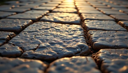 a close up view of a paved pathway bathed in sunlight during either dawn or dusk
