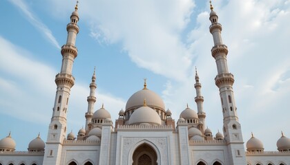 an impressive mosque with multiple domes and towers, set against a clear sky. its architectural details suggest it's a significant place of worship.