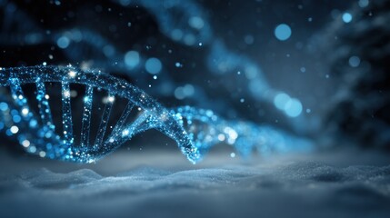 A glowing blue DNA double helix shines in a dark setting, creating a mystical atmosphere filled with sparkling elements.