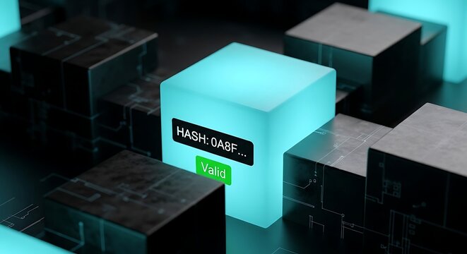 Glowing cube displays hash data among dark metallic blocks, representing blockchain technology and digital security in a futuristic setting.
