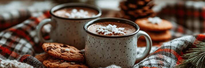 Two mugs filled with rich hot chocolate, topped with white sprinkles, sit next to freshly baked cookies on a plaid blanket at a winter gathering.