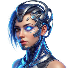 Close up Cyborg Woman Portrait Futuristic Technology Blue Neon Glow Digital Eye isolated On A transparent Background