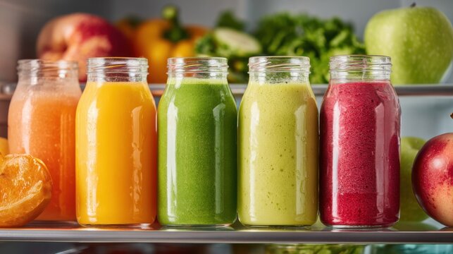 A variety of vibrant juices made from fruits and vegetables are neatly arranged in glass jars inside a refrigerator. The drinks display an array of bright colors showcasing healthy options.