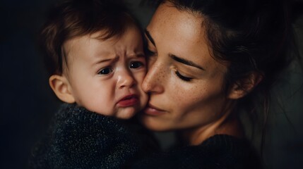 A mother s compassionate embrace offers gentle comfort and tender solace to her crying baby in a heartfelt moment of maternal love