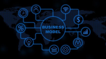 Business Model Concept with Global Network and Icons on Dotted World Map Background image photo - Powered by Adobe