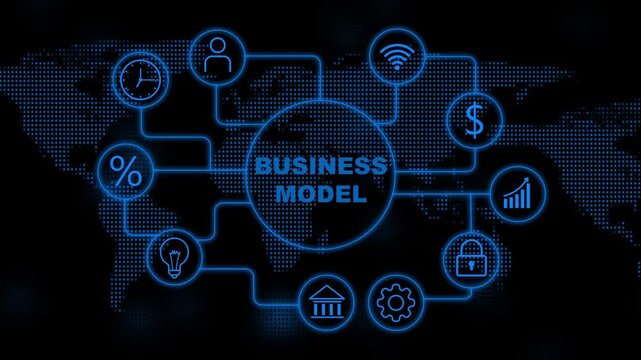 Business Model Concept with Global Network and Icons on Dotted World Map Background image photo - Powered by Adobe