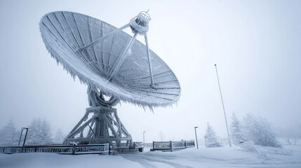 Ice encrusted satellite dish receiving signals in a blizzard. Life in permafrost conditions, climate change problems on the planet. Global warming