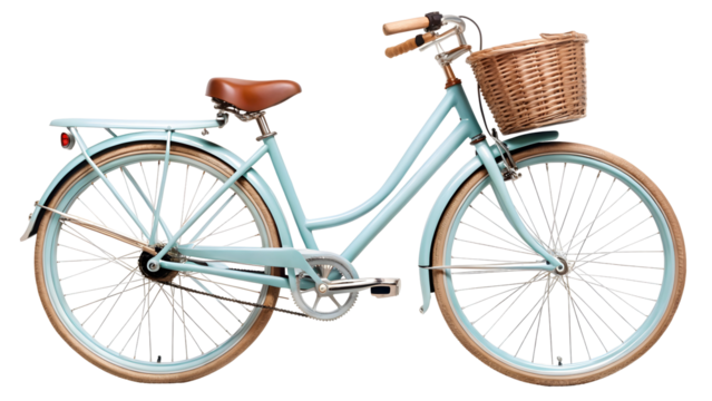 Charming light blue bicycle with wicker basket evokes vintage style and leisurely rides, perfect for summer days and sustainable living concepts