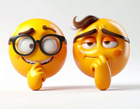 Two 3D emoji characters, one nerdy and smiling, the other looking suspicious or thoughtful, on a white background, representing contrasting emotions and personalities.