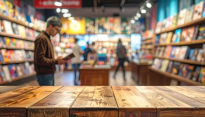Rustic Wooden Table in a Blurred Bookstore Setting