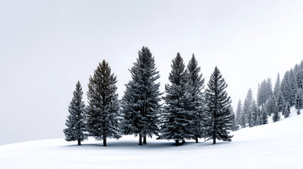 Group of snow-covered pine trees in absolute stillness. Life in permafrost conditions, climate change problems on the planet. Global warming
