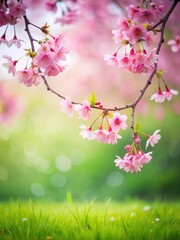 Obraz premium Soft focus image of pink cherry blossoms gently falling from a branch onto the grass below