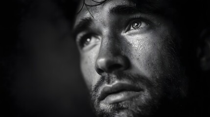 Fototapeta premium Black and white close up of a man s face looking upwards conveying intense emotion and vulnerability