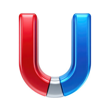 A glossy, 3D rendered horseshoe magnet, shaped like the letter "U".  Red and blue halves meet at a silver midpoint