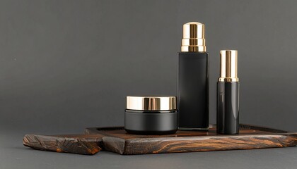 Black and Gold Skincare Set on Dark Wooden Tray