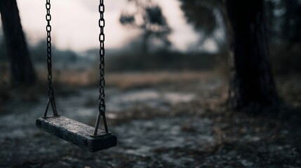 An empty weathered wooden swing hangs from chains in a quiet abandoned outdoor park evoking nostalgia