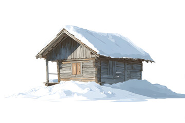 Wooden barn covered with snow, tranquil winter countryside illustration.
