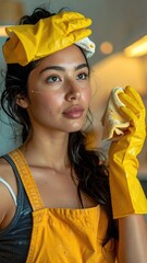 Woman in Yellow Cleaning Gloves and Apron