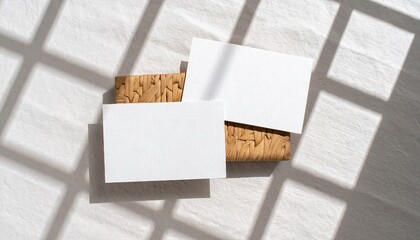 Blank Business Cards Mockup on Linen Texture with Window Shadow