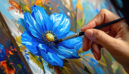 Artist Painting Vibrant Blue Flower Close Up