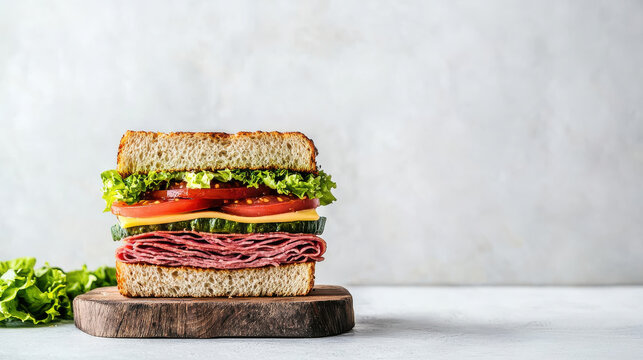 Delicious sandwich stacked with ham, lettuce, tomato, cheese, and cucumber on whole grain bread, placed on wooden board with fresh lettuce nearby