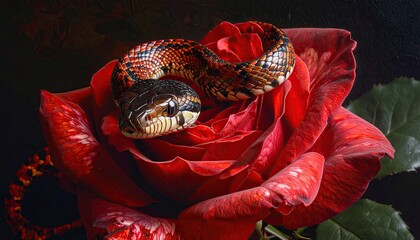 Red Snake Curled on a Crimson Rose