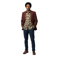 Fototapeta premium Young man standing confidently full body shot casual outfit with blazer and jeans isolated on transparent background