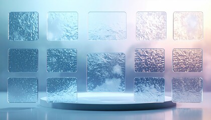 Frosted Glass Tiles on a White Platform, Soft Bevels, Blue and White Background