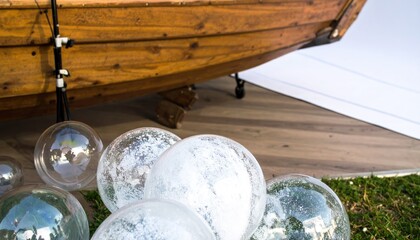 Glass Bubbles Cluster with Caustics and Wooden Boat