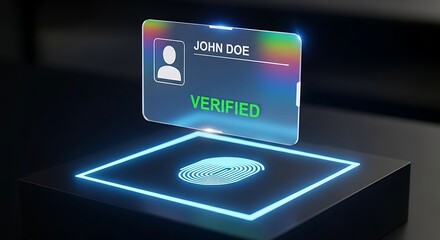 Transparent digital id card floats above glowing fingerprint scanner on dark platform, symbolizing secure identity verification in modern technology, futuristic.