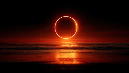 Luminous ring glows above dark, reflective ocean at dusk