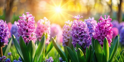 Fototapeta premium Hyacinth flowers blooming in a lush green garden with sunlight filtering through the leaves