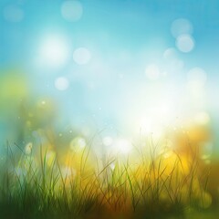 Fototapeta premium Sunny meadow bokeh, bright blue sky, soft focus scenery