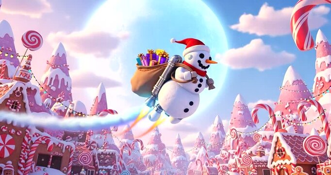 Snowman with jetpack flying over a magical candy land village at night