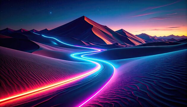 Neon Lights Path Across Desert Dunes at Night - Powered by Adobe