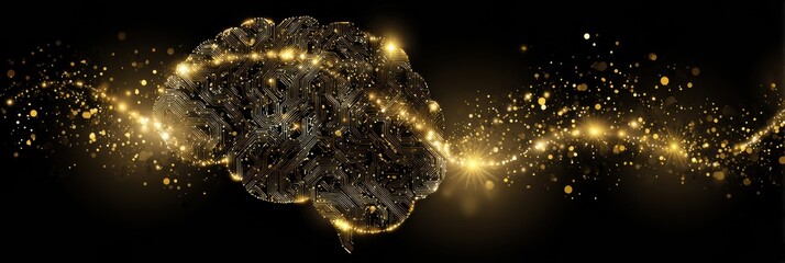 A brain made of intricate circuitry, glowing with golden sparks, against a dark backdrop, symbolizes technology and intelligence.