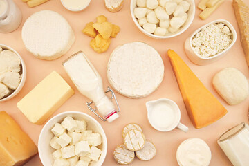 Colorful mix of dairy products varieties: milk and cheese, butter and mozzarella, yogurt and camembert. Food ingredients background