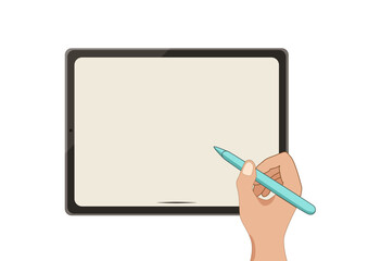 blank screen tablet with a hand holding a stylus pencil vector design