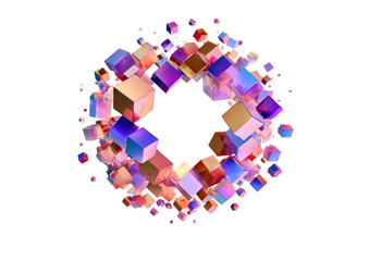 Abstract graphic design; colorful cubes in a circular, outward-bursting pattern surrounding a dark center