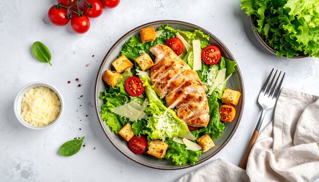 A vibrant overhead shot presents a Caesar salad. Grilled chicken sits atop lettuce, tomatoes, croutons, and cheese, complemented by fresh greens - Powered by Adobe