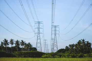 Electricity transmission pylon, high voltage power lines tower