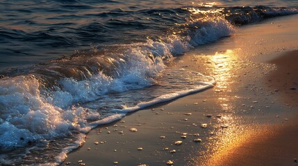 Fototapeta premium Tranquil beach with soft waves washing golden sand under bright sunlight, minimal seascape with wide lower space perfect for banner or background use, expressing calmness, clarity, and natural beauty.