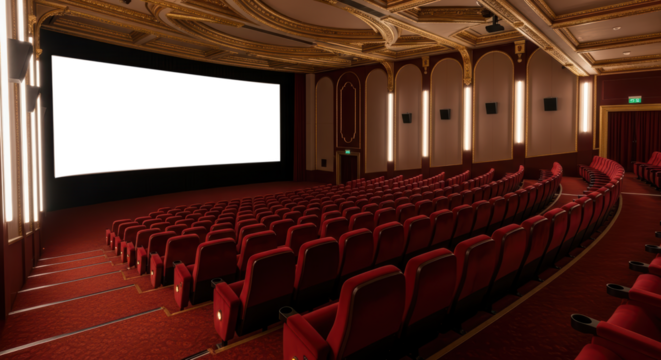 Luxurious Vintage Cinema Auditorium With Plush Red Seats And Ornate Gold Decor Facing A Large Screen