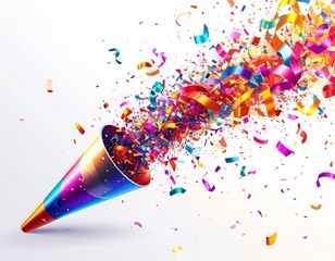 Confetti bursting from a colorful party popper on white background