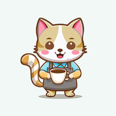 Cute Barista Cat Holding a Cup of Coffee: Adorable Cartoon Character Serving Warm Drinks with a Friendly Smile and Cozy Vibe
