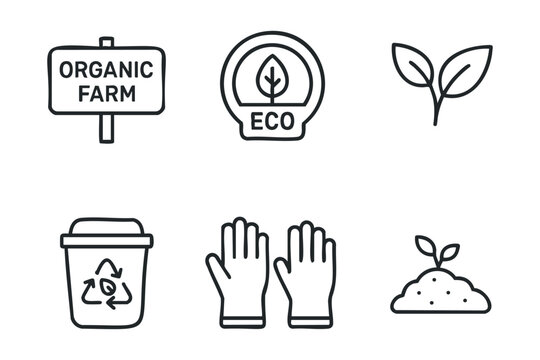 Organic farming elements for eco friendly practices and sustainability. Set of 6 vector illustration