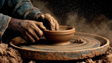 Skilled hands shaping a bowl of clay on a potter's wheel.
