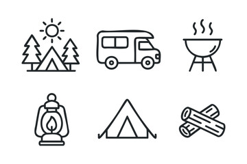 Outdoor camping essentials for a weekend getaway adventure. Set of 6 vector illustration