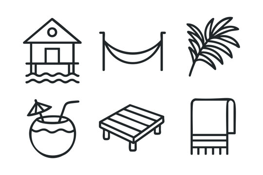 Relaxing beach getaway with hammock, tropical drink, and palm leaves. Set of 6 vector illustration